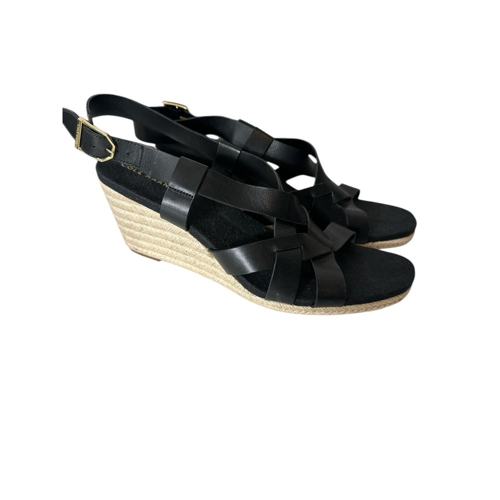 New Cole Haan Crystal Sandal Wedge Women's Size 10 Black Leather Espadrilles